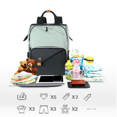 Hap Tim diaper bag backpack emphasizes stroller straps for hands-free travel with baby.