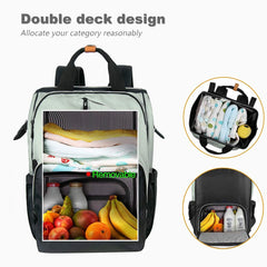 Hap Tim diaper bag backpack uses waterproof fabric to protect contents in wet weather.