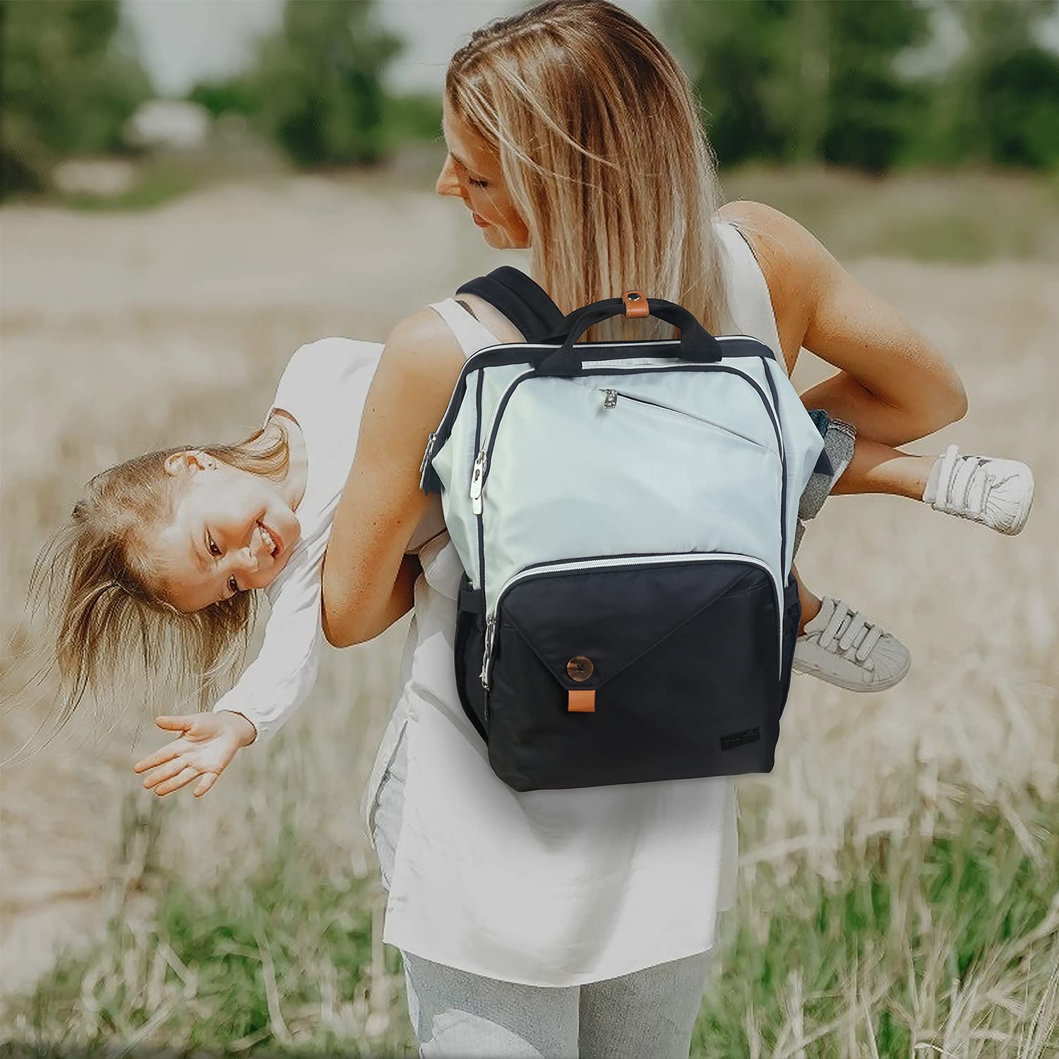 Hap Tim diaper bag backpack wide-opening design speeds quick item access.