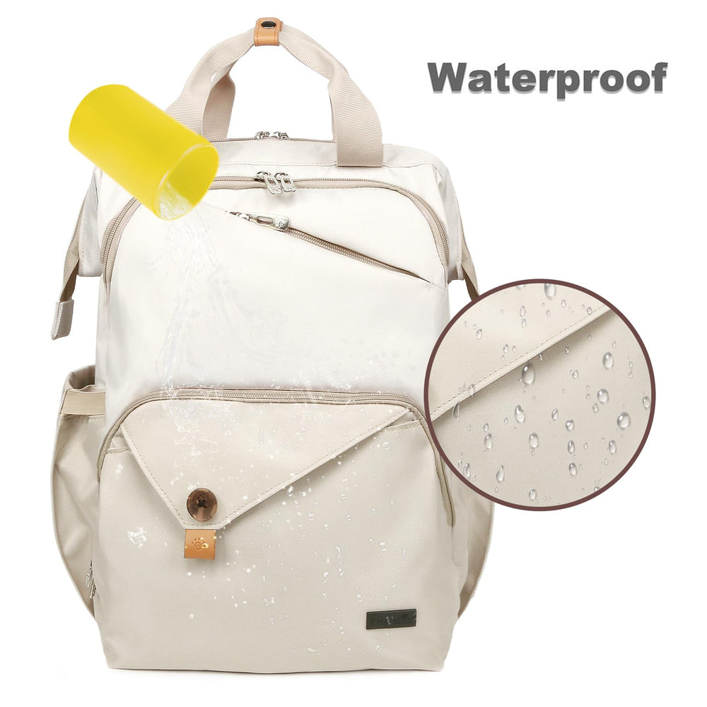 Hap Tim diaper bag front waterproof liner simplifies cleanups on rainy days.