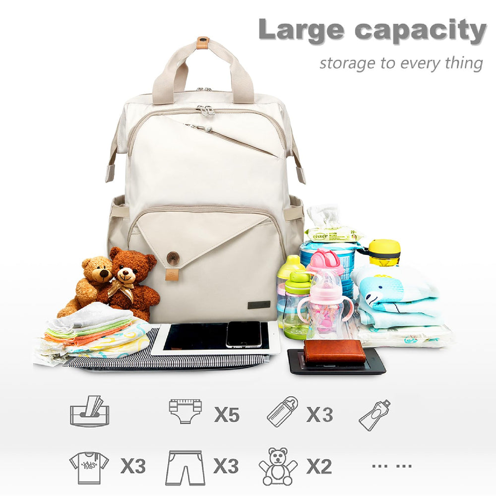 Hap Tim diaper bag backpack demonstrates standing wide-open design for easy packing.