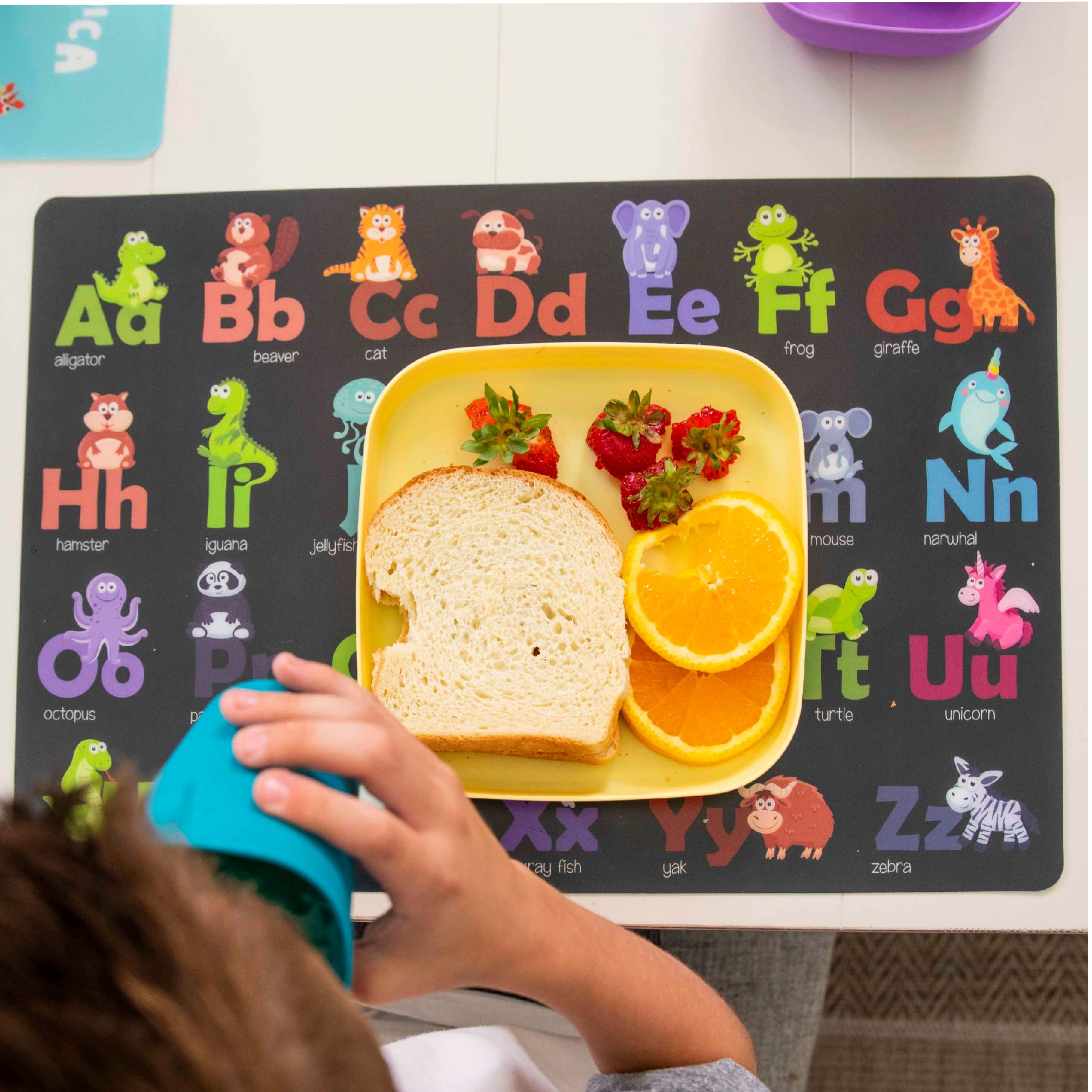 Hapinest placemats with numbers and shapes support color and number recognition during meals.