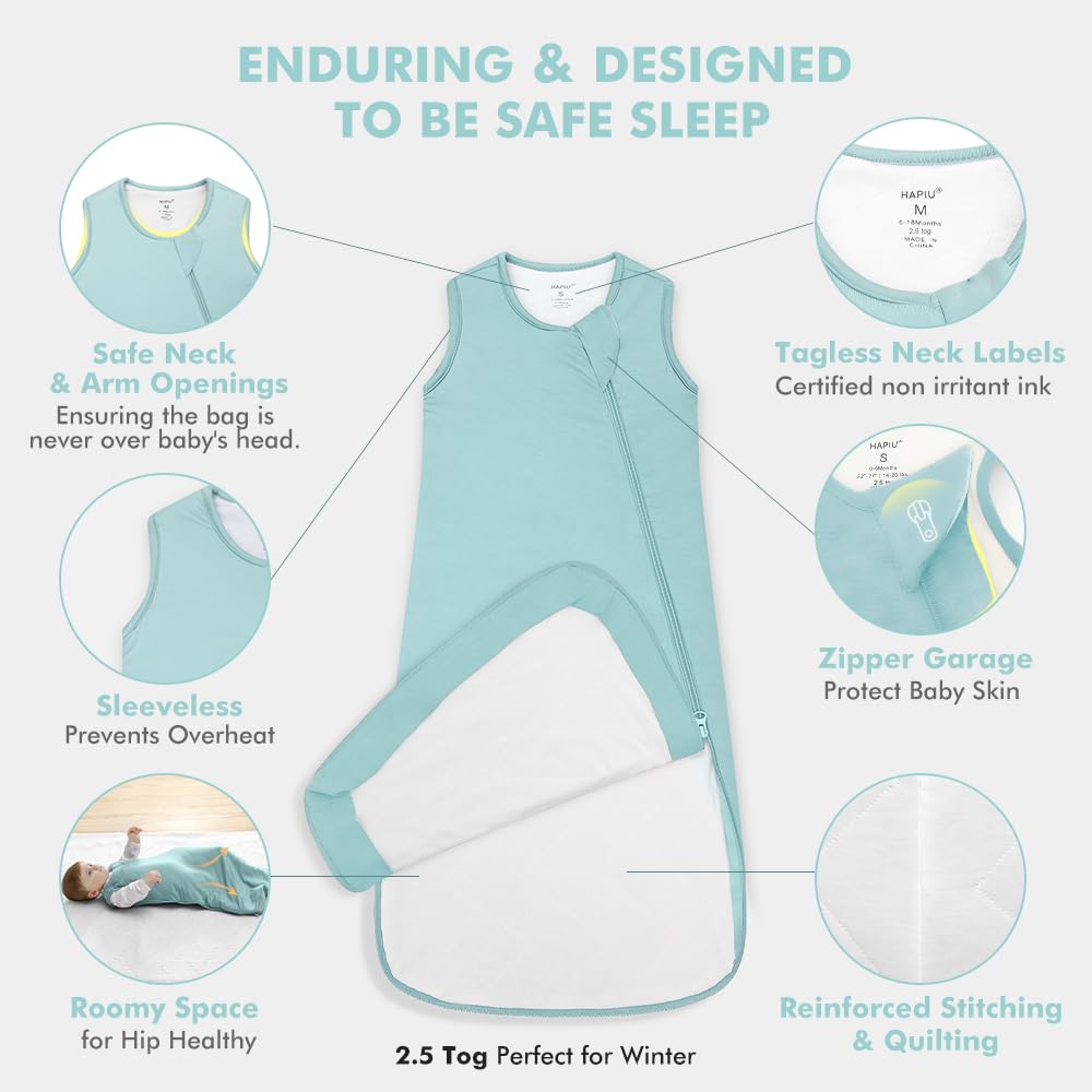 HAPIU infant sleep sack illustrates safe, easy diaper changes with 2-way zipper.