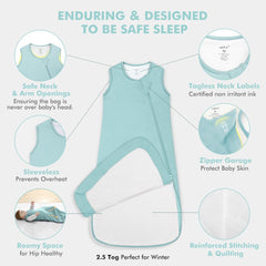 HAPIU infant sleep sack illustrates safe, easy diaper changes with 2-way zipper.