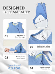 HAPIU slate blue sleep sack on baby, highlighting unisex color and safe design.