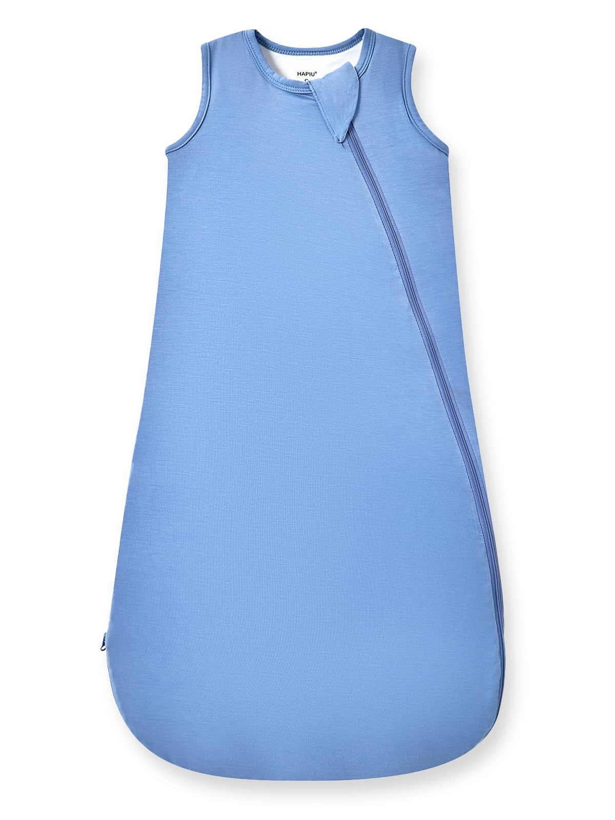 HAPIU sleep sack laid flat in slate blue, showing buttery soft bamboo fabric.