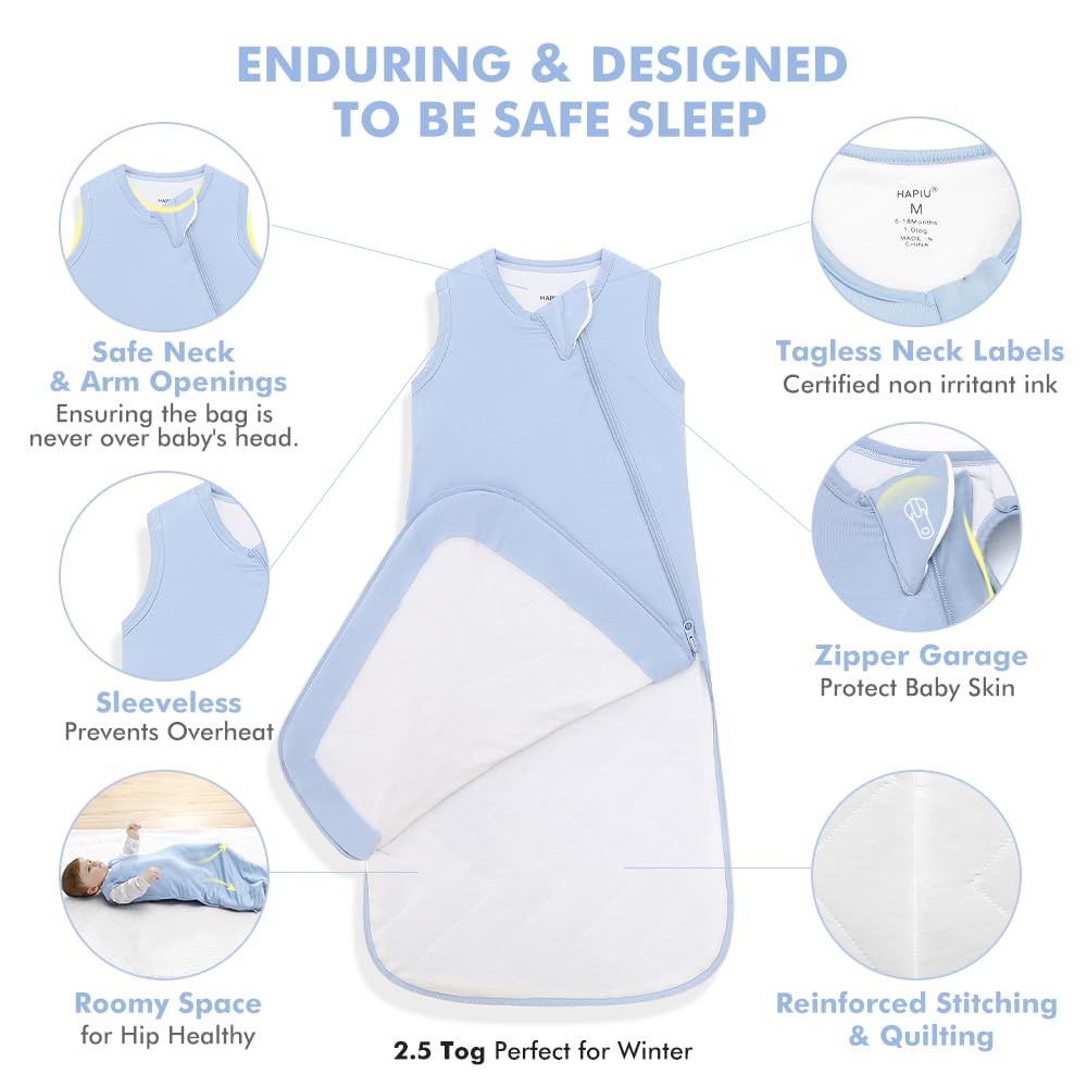 HAPIU fog-colored sleep sack worn by infant as snug wearable blanket.