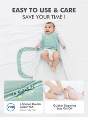 HAPIU sleep sack newborn model in sage offers safe, roomy leg space.