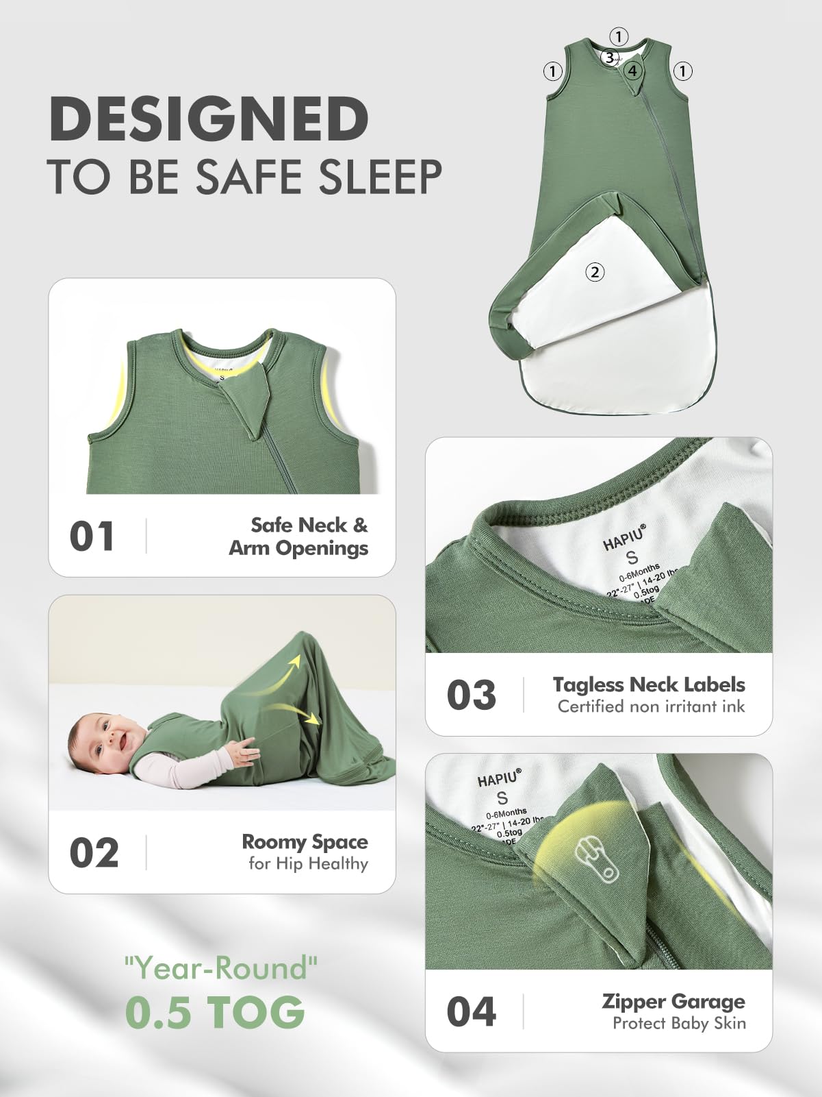 HAPIU 6-18 months sleep sack showing roomy design for growing baby.