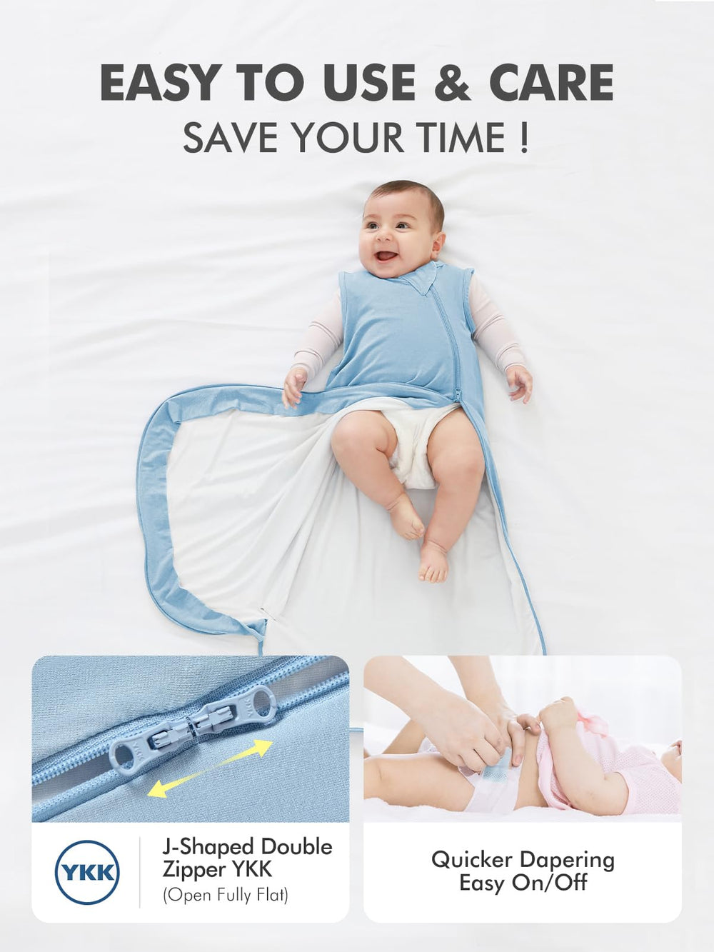 HAPIU sleep sack zipper detail highlights easy access for diaper changes