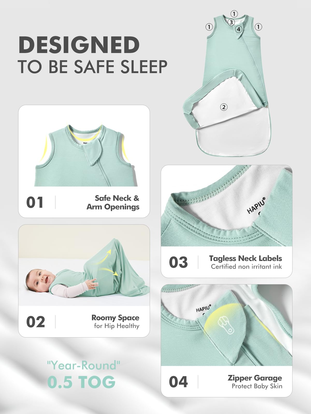 HAPIU sleep sack with zipper garage protects baby's face during sleep.