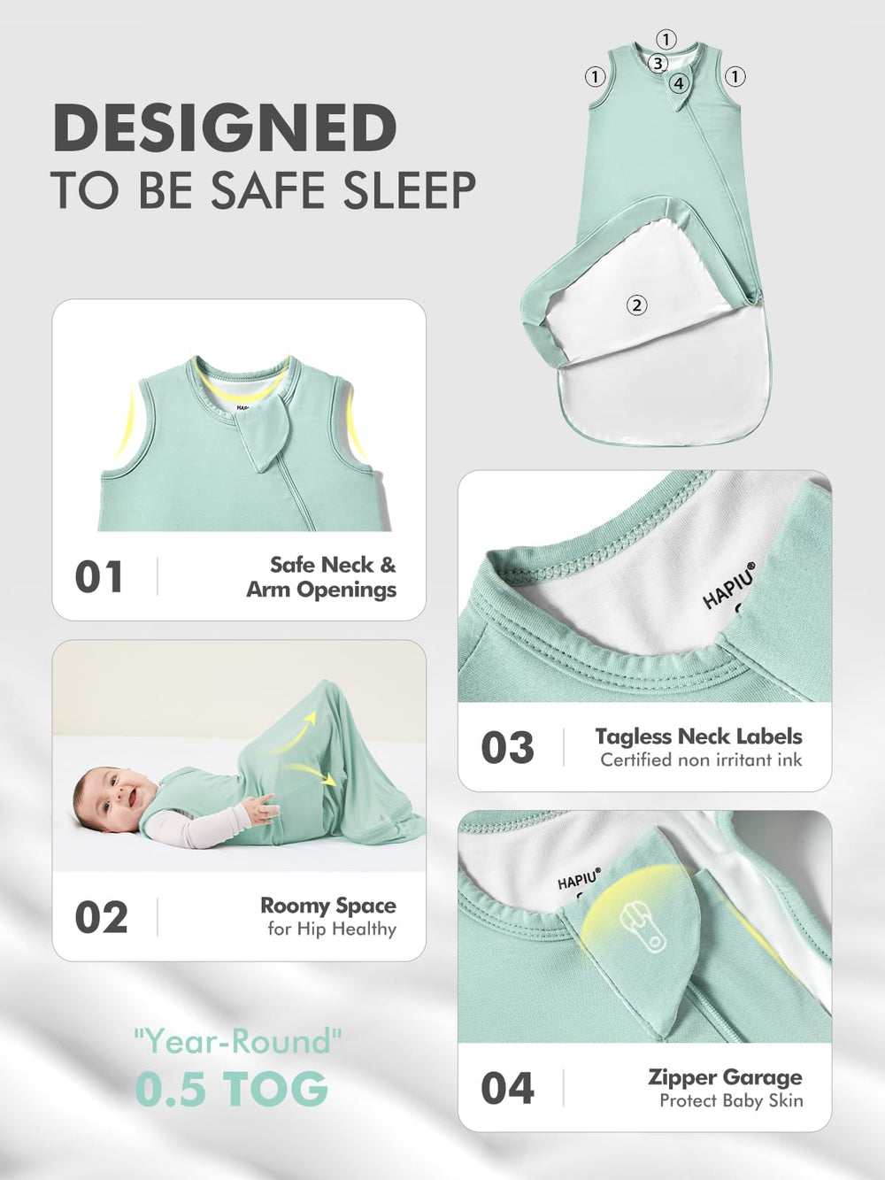 HAPIU sleep sack with zipper garage protects baby's face during sleep.