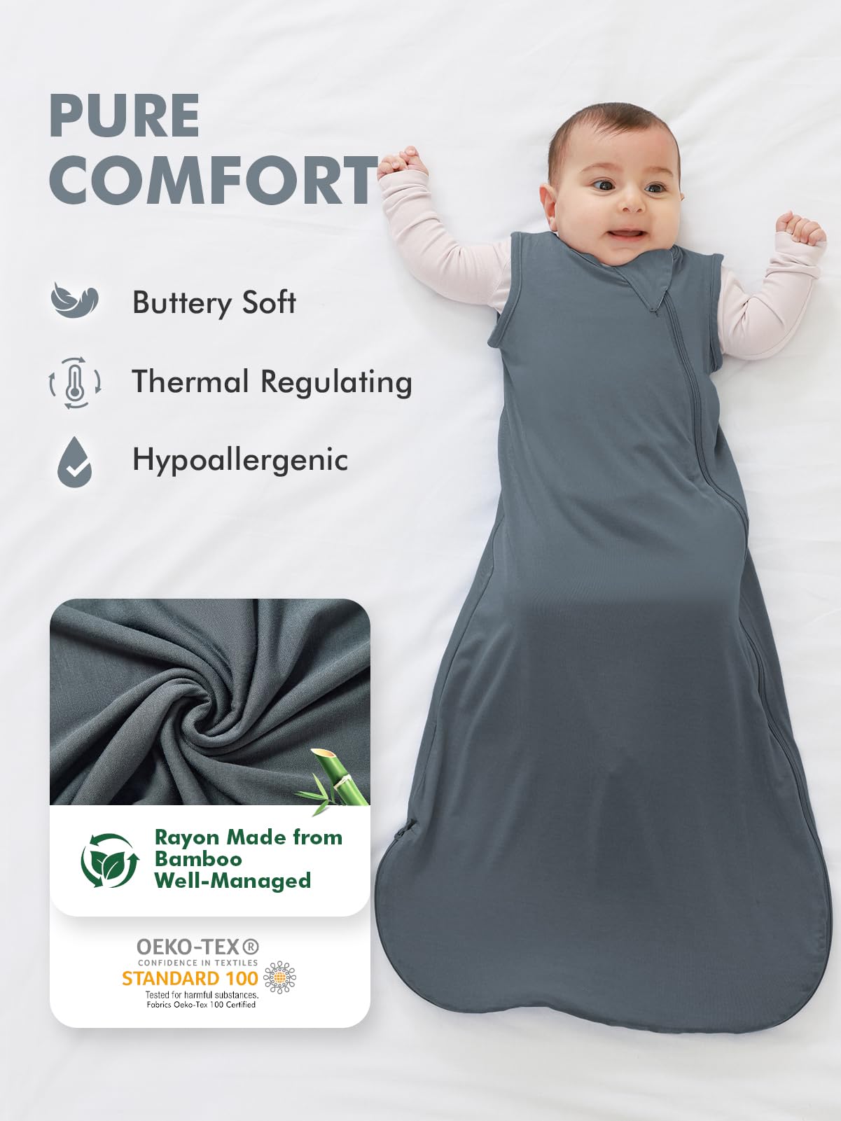 HAPIU two-way zipper sleep sack enables easy diaper changes and flat opening.