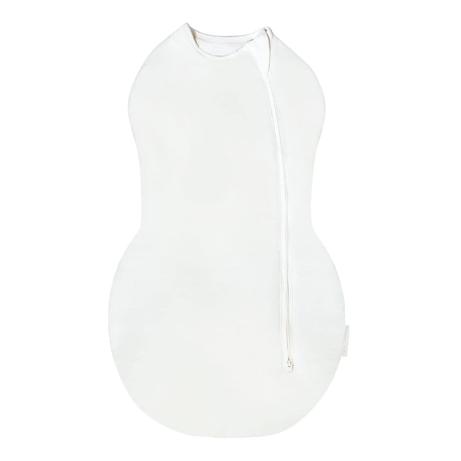 Happiest Baby Sleepea Comforter Swaddle in ivory demonstrates secure wrap for cozy sleep.