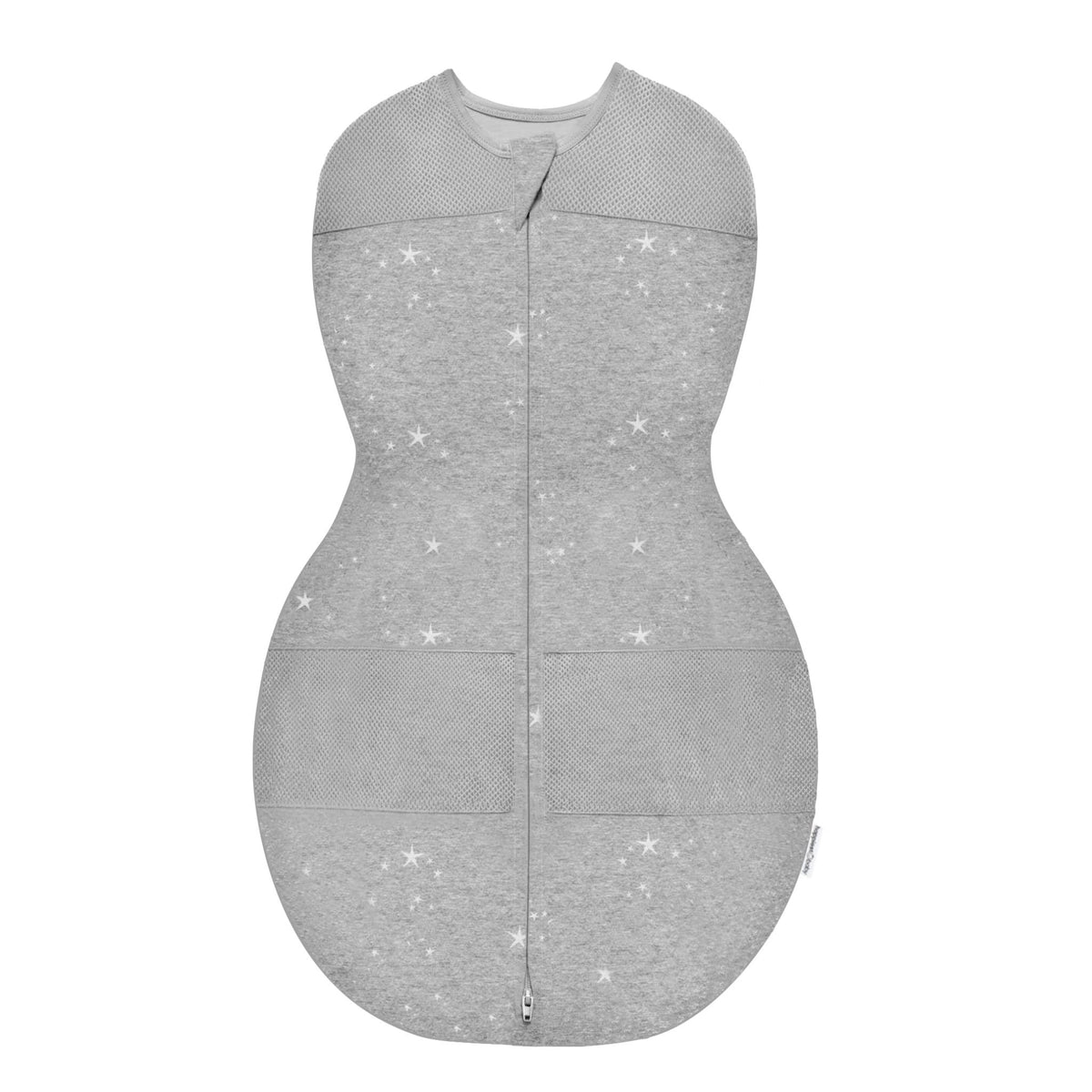 Happiest Baby Sleepea graphite stars swaddle folded, highlighting soft organic cotton.