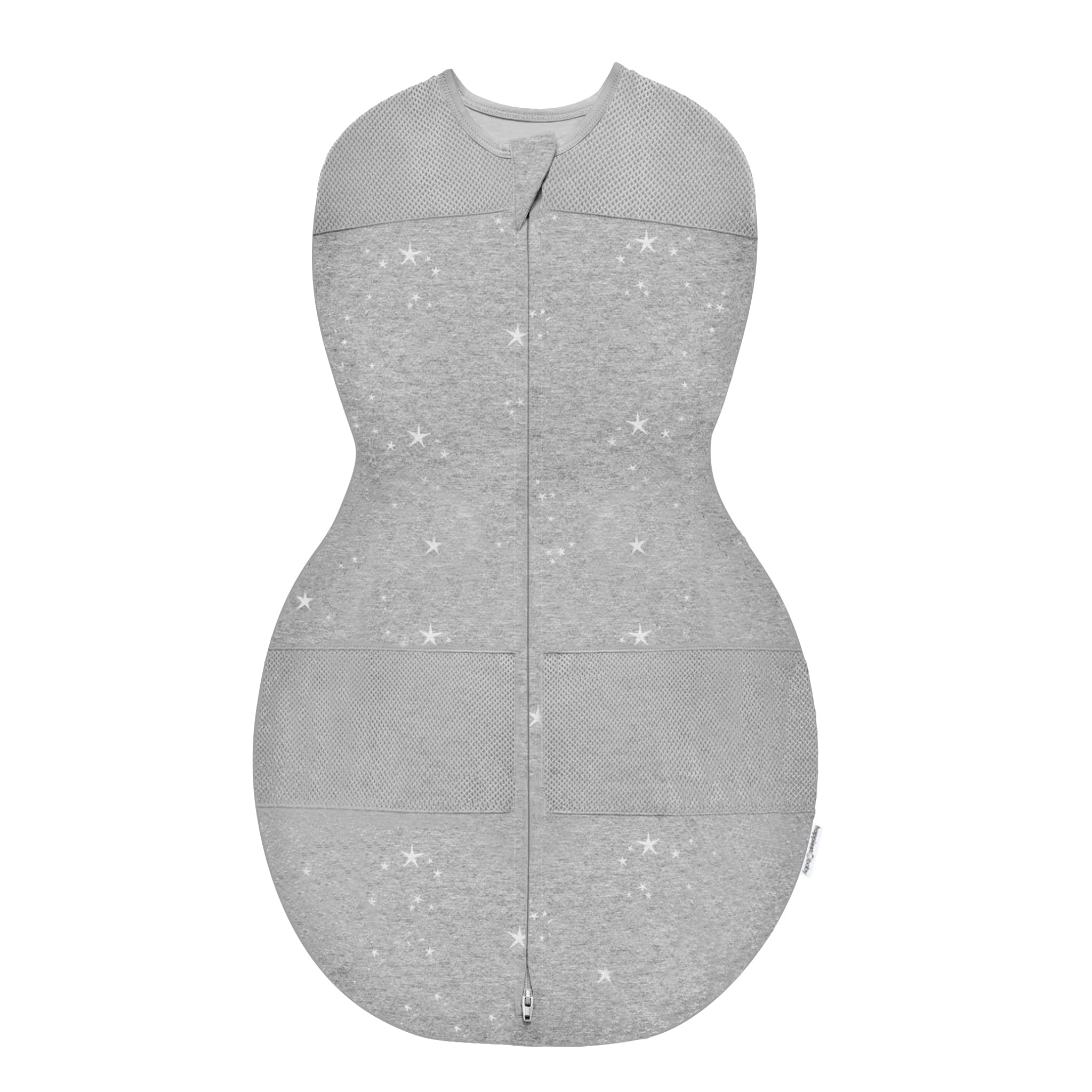Happiest Baby Sleepea swaddle on baby with graphite stars, promoting cozy hip-friendly sleep.