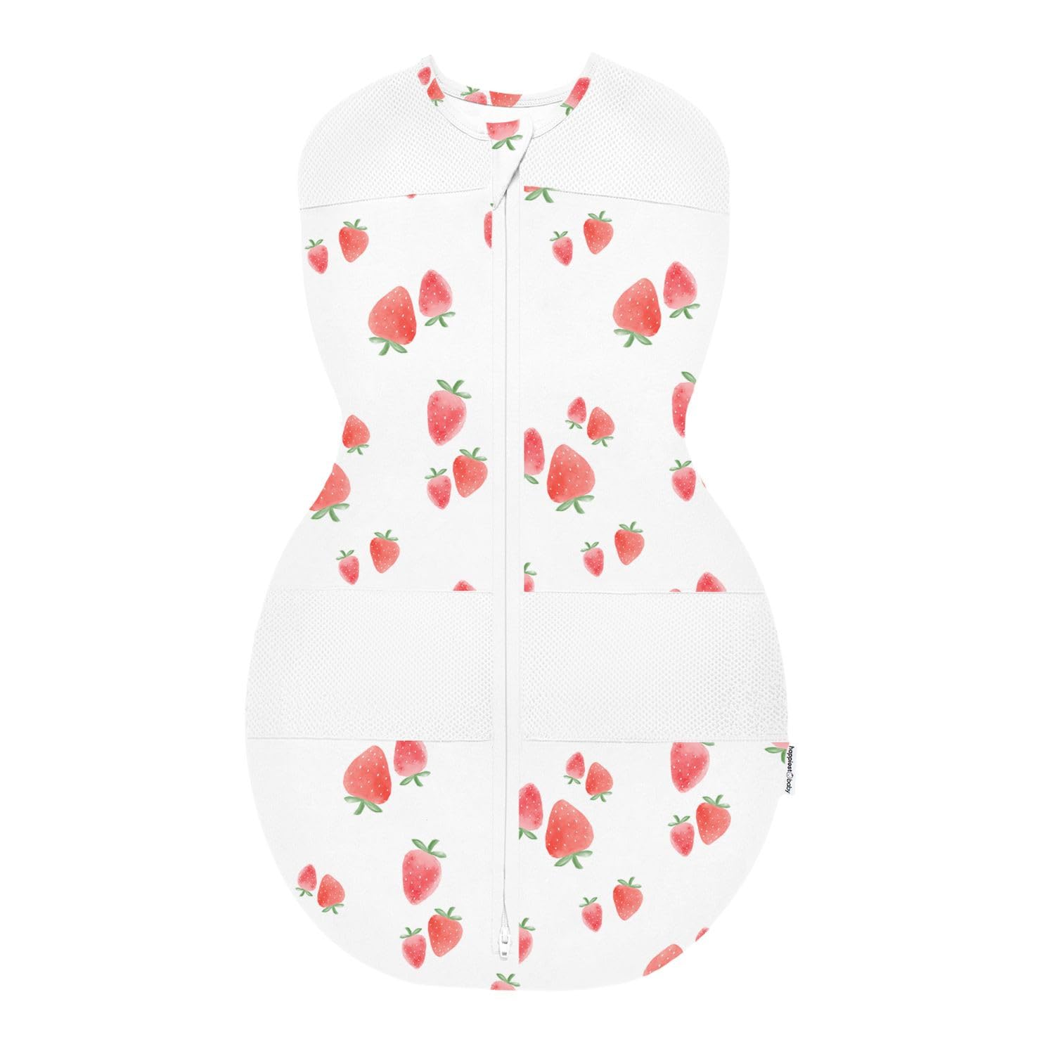 Happiest Baby Sleepea ivory strawberries XL front view shows hip-friendly snug fit.