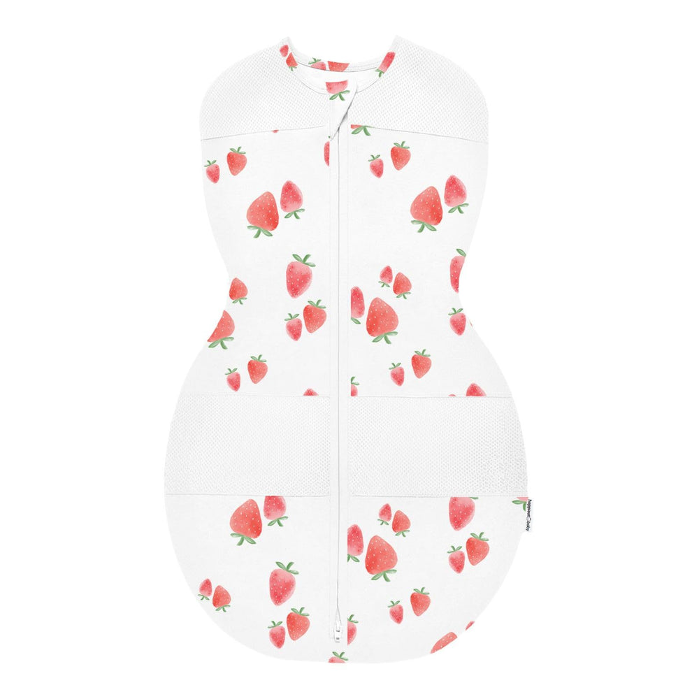Happiest Baby Sleepea ivory strawberries XL front view shows hip-friendly snug fit.
