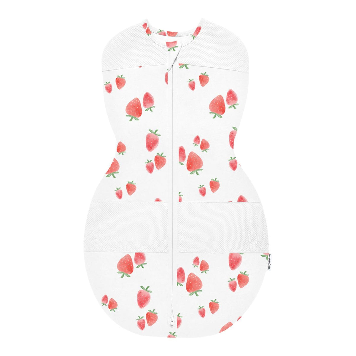Happiest Baby Sleepea ivory strawberries XL front view shows hip-friendly snug fit.