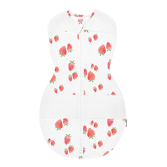 Happiest Baby Sleepea ivory strawberries XL front view shows hip-friendly snug fit.