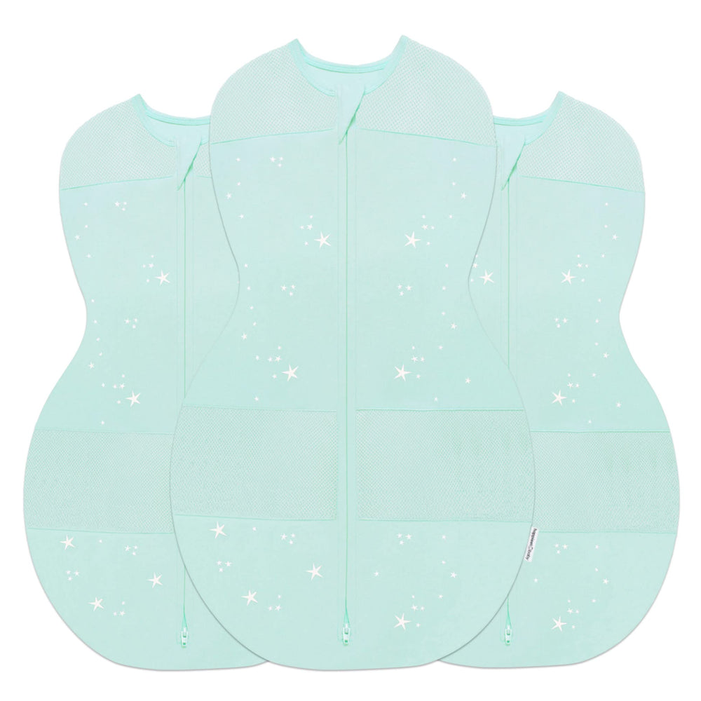 Happiest Baby Sleepea teal stars swaddle folded for easy storage.