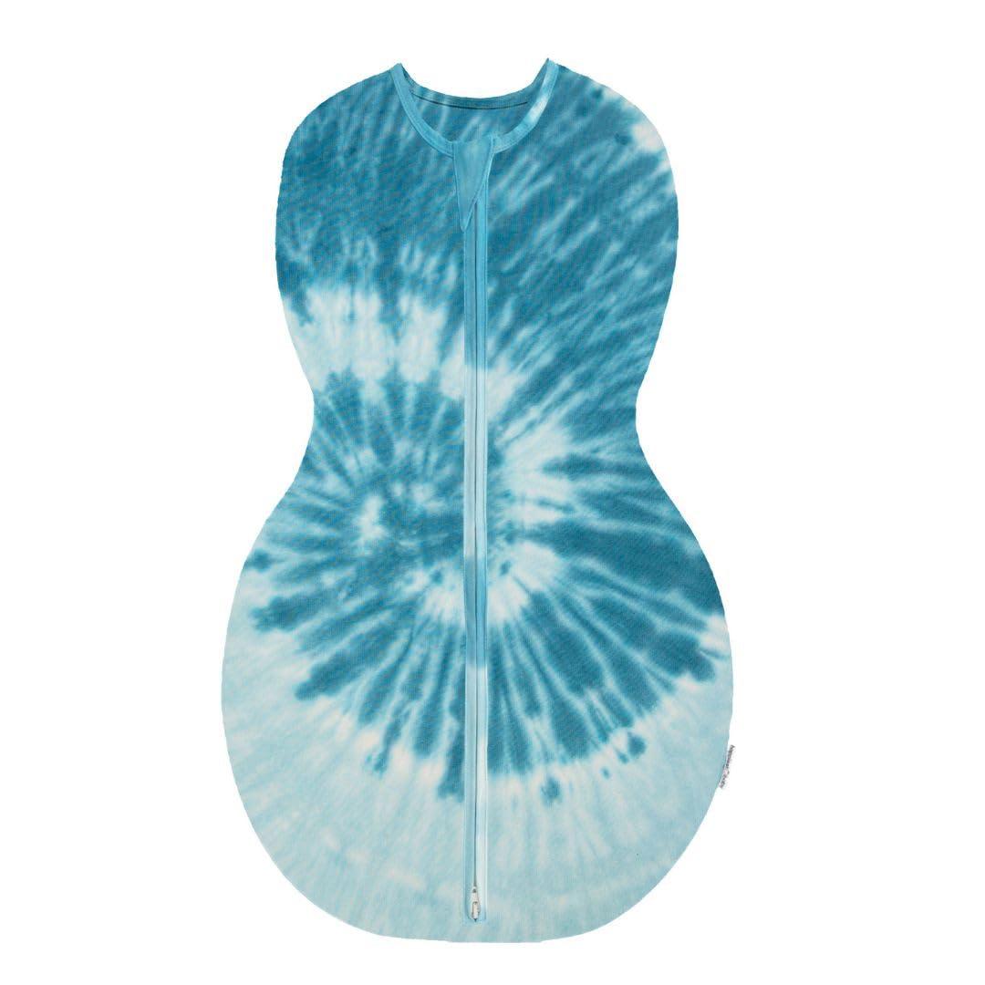 Happiest Baby Sleepea tie-dye blue swaddle closeup shows soft organic cotton for gentle baby comfort.
