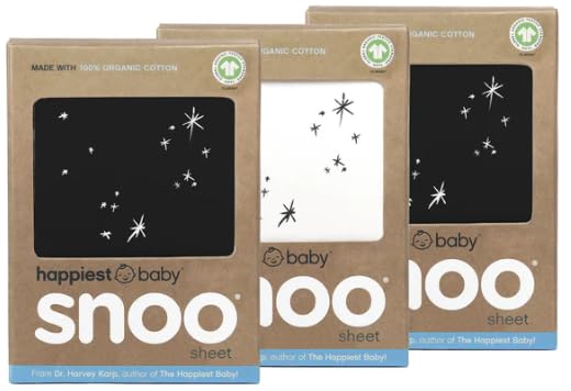 Happiest Baby SNOO fitted sheet in Black and Ivory Stars, soft organic cotton for baby sleep comfort