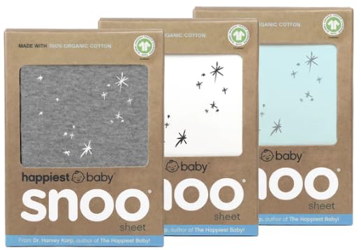 Happiest Baby SNOO bassinet fitted sheet trio in white/grey/teal offers soft organic cotton for baby sleep comfort.