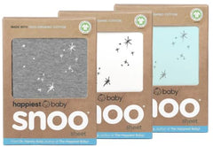 Happiest Baby SNOO bassinet fitted sheet trio in white/grey/teal offers soft organic cotton for baby sleep comfort.