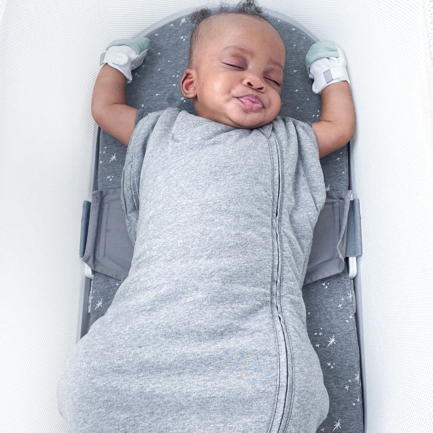 Happiest Baby SNOO Comforter Sack graphite inner bands keep baby snug for calmer awakenings.