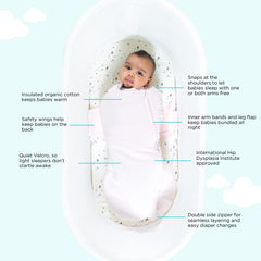 Two-way zipper enables quick diaper changes without disturbing baby in SNOO.