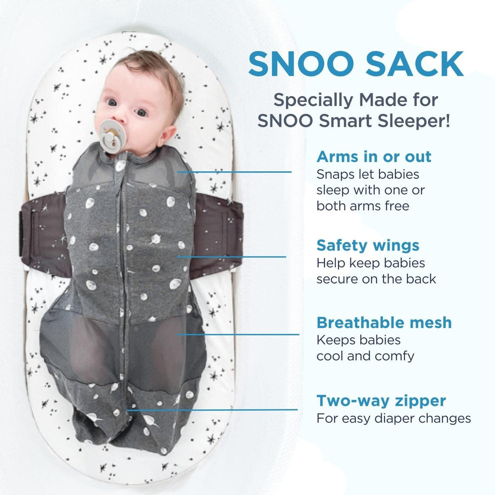 Happiest Baby SNOO Sleep Sack black-wings large demonstrates back-sleep safety with winged design.