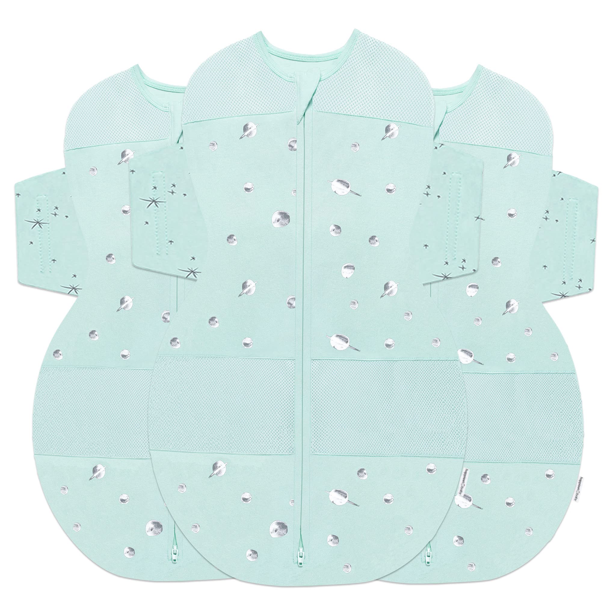 Happiest Baby SNOO Sleep Sack Teal Planets pack offers safe, comfy swaddling for sleep.