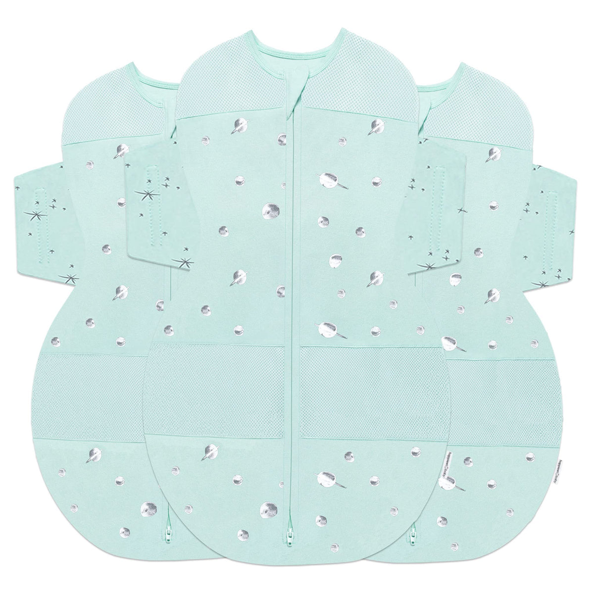 Happiest Baby SNOO Sleep Sack Teal Planets pack offers safe, comfy swaddling for sleep.