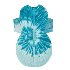 Happiest Baby SNOO Sleep Sack tie-dye blue front view shows breathable organic cotton for cozy nights