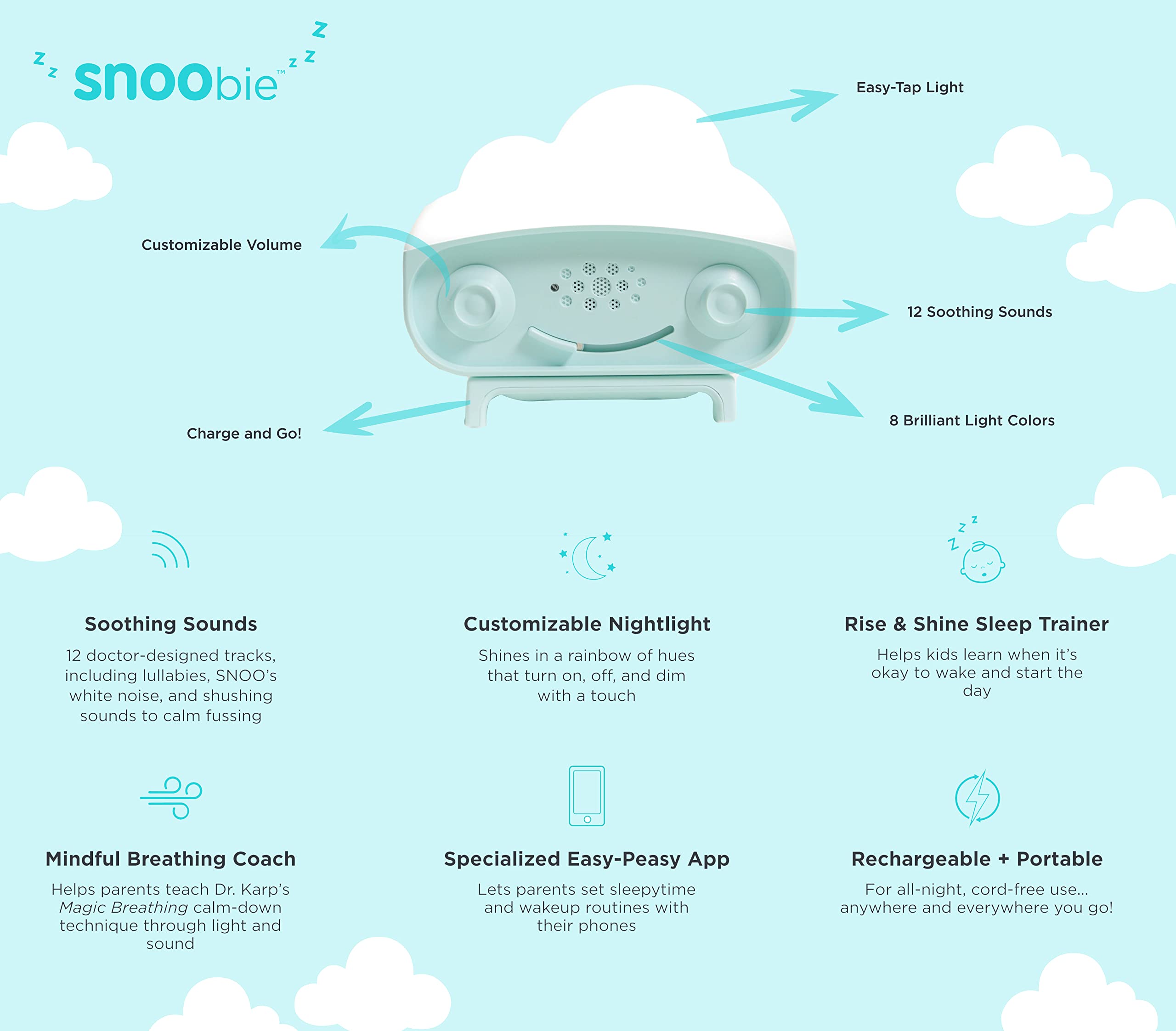 Happiest Baby SNOObie nightlight glow teal, soft rainbow illumination for gentle mood setting.
