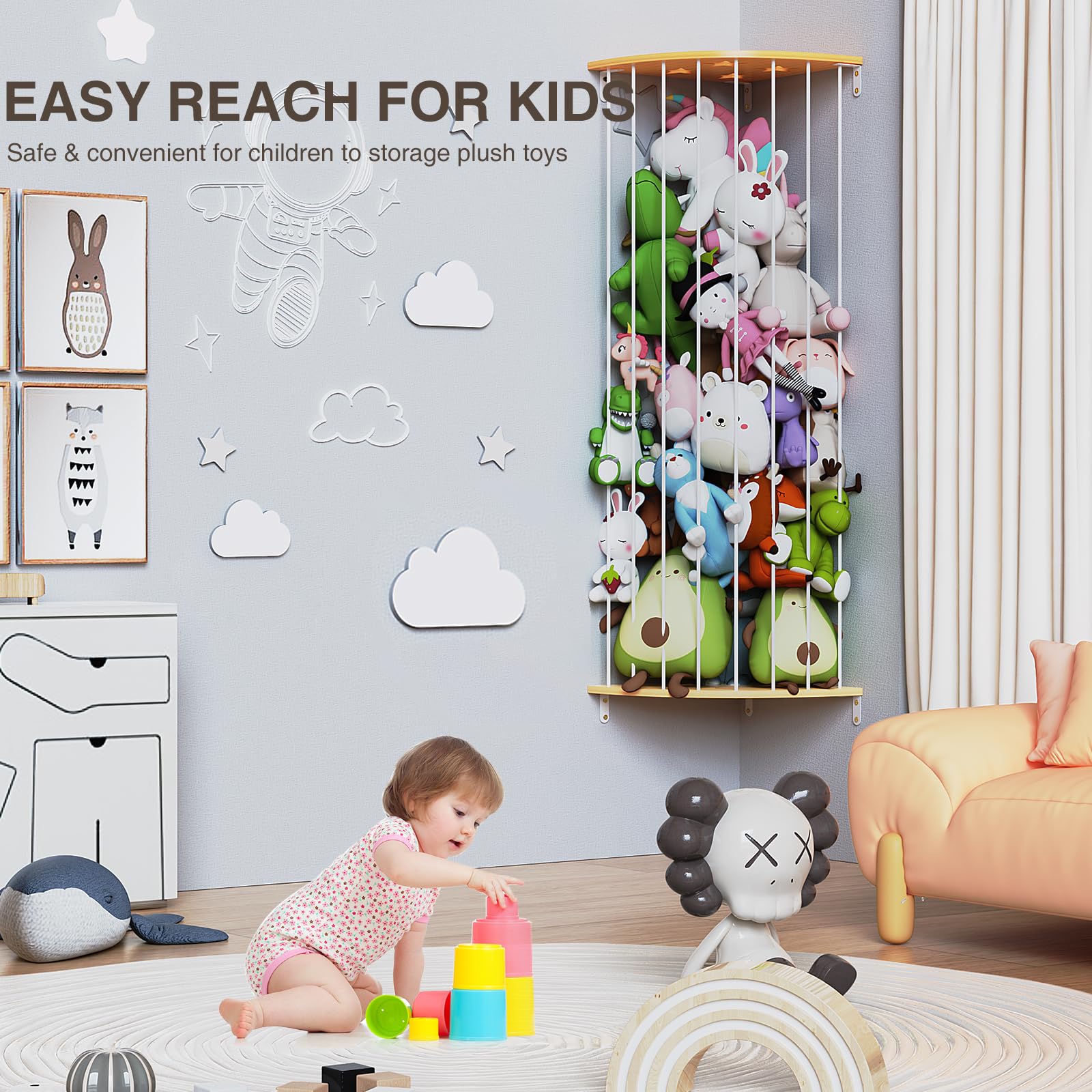 Happnear star-pattern corner storage—extended rope demonstrates adjustable capacity for plush collections