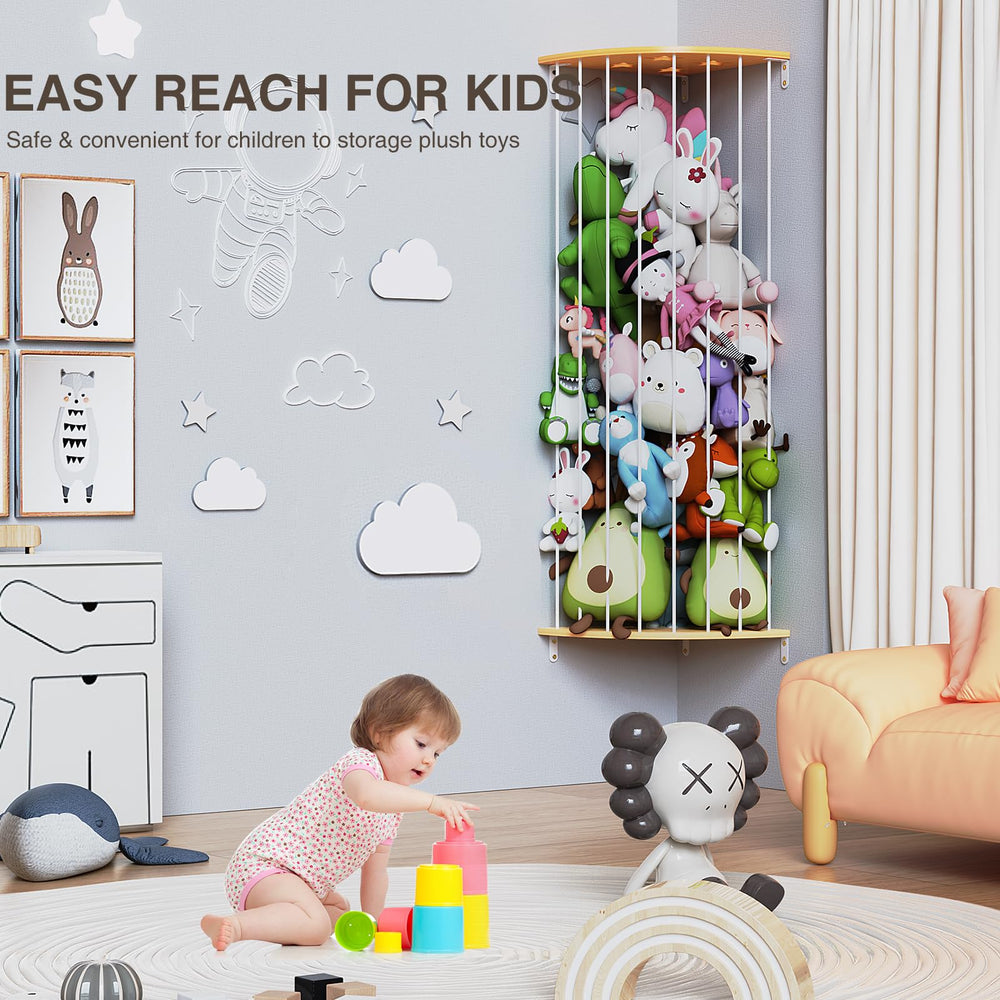 Happnear star-pattern corner storage—extended rope demonstrates adjustable capacity for plush collections