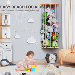 Happnear star-pattern corner storage—extended rope demonstrates adjustable capacity for plush collections