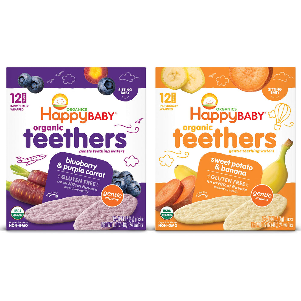 Happy Baby teething wafers in gluten-free variety pack soothe gums with organic fruits.