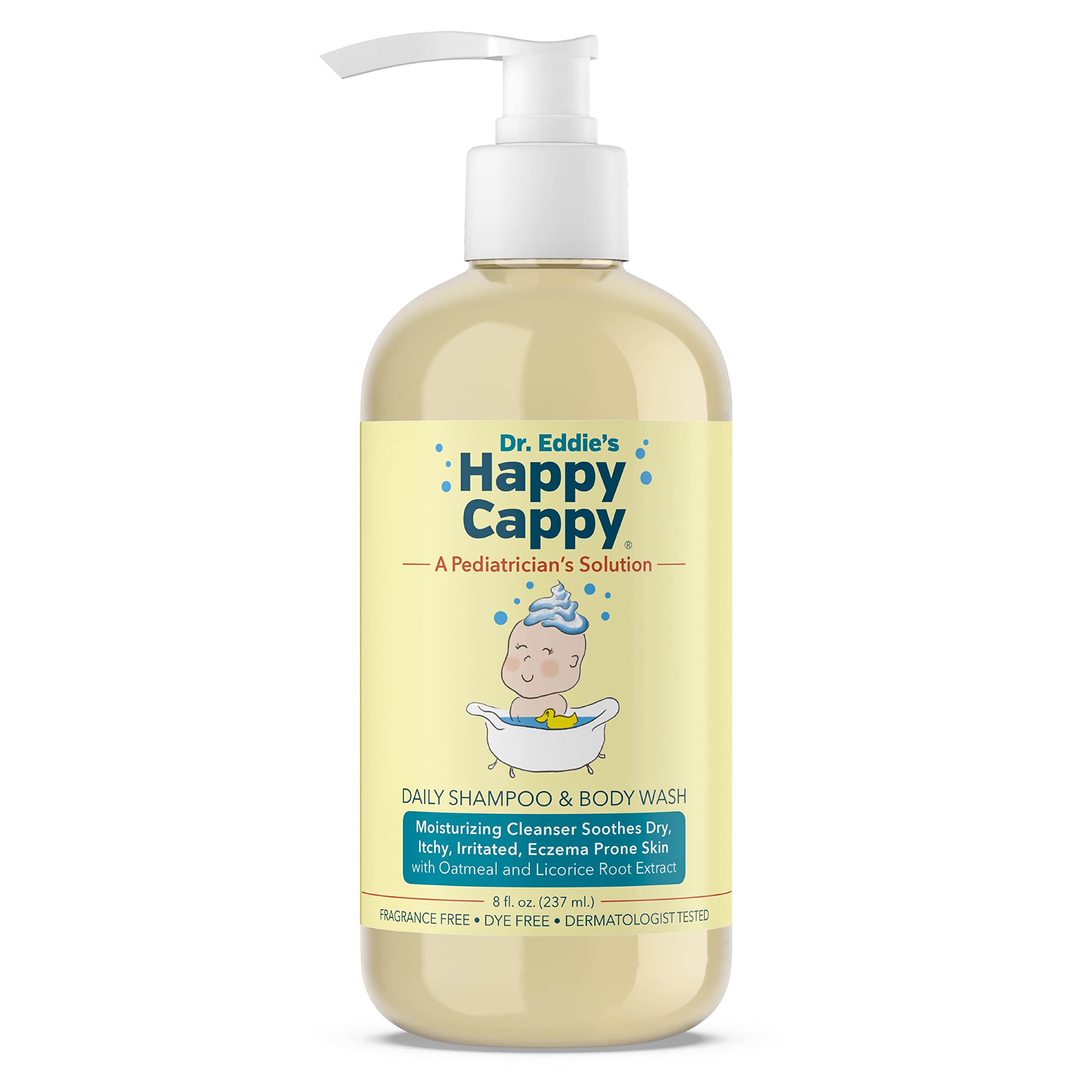 Happy Cappy baby shampoo bottle front showing fragrance-free formula for sensitive skin