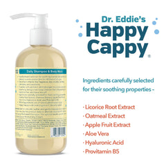 Happy Cappy bottle side label highlighting gentle daily wash for infants and kids
