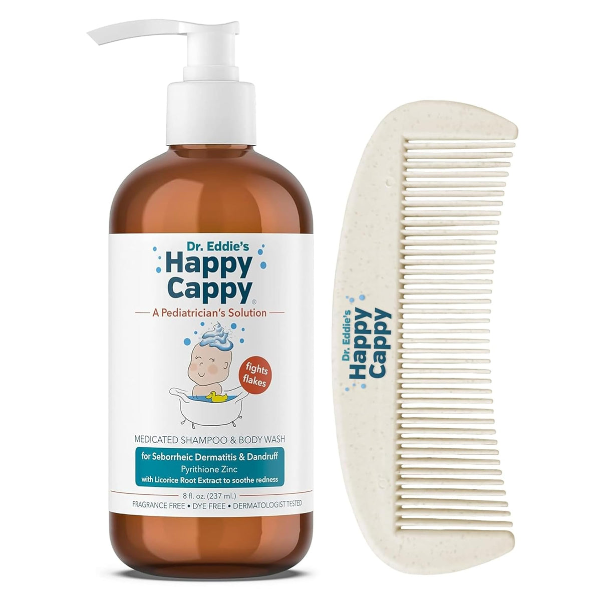 Happy Cappy bottle front view showcases fragrance-free formula for cradle cap care.