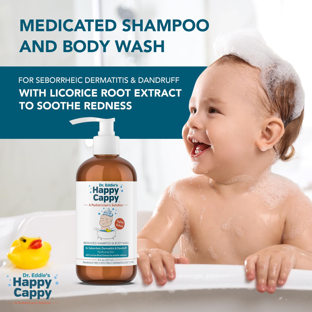 Happy Cappy Cradle cap treatment application image indicates targeted dandruff support for kids.