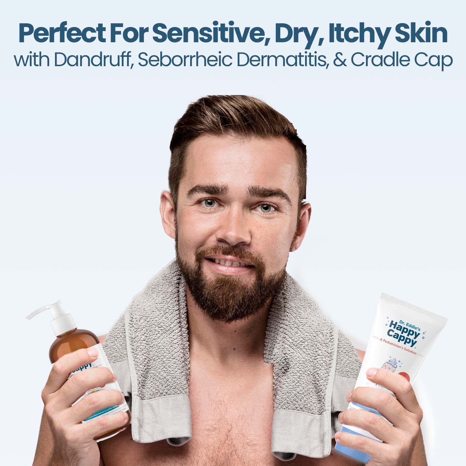 Happy Cappy cradle cap therapy image highlights two-step care with shampoo and cream.