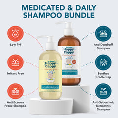 Happy Cappy Daily Medicated Shampoo bottle closeup emphasizes gentle, sulfate-free cleansing for cradle cap.