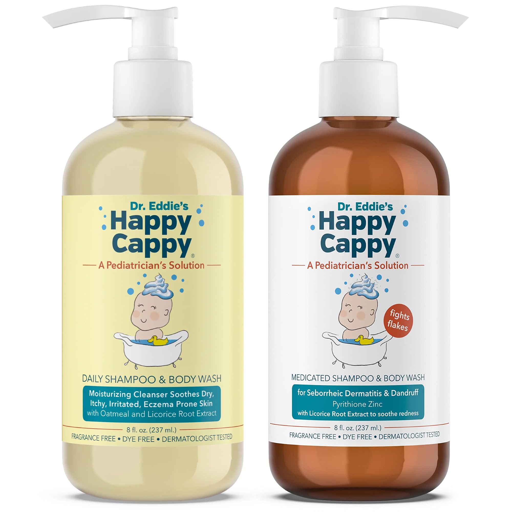 Happy Cappy Daily Medicated Shampoo bundle packaging front highlights fragrance-free formula for sensitive baby skin.
