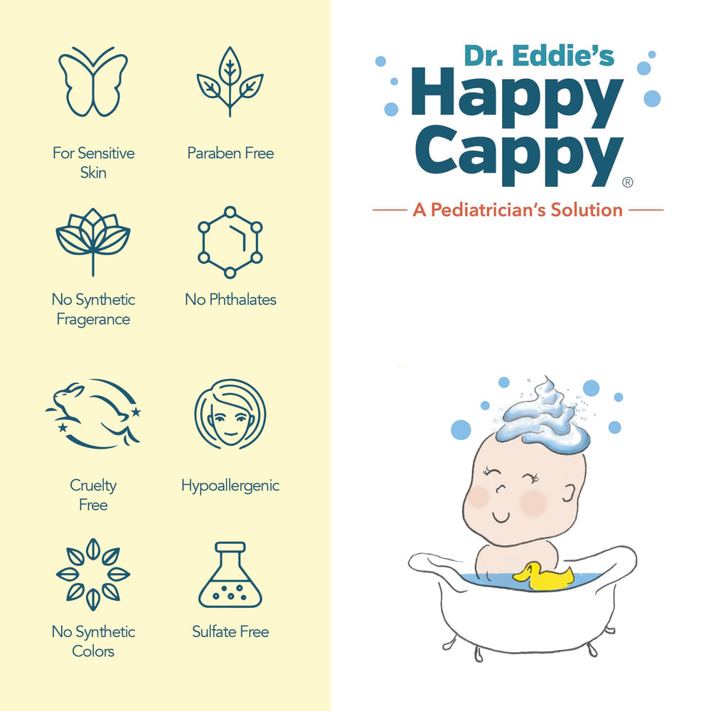 Happy Cappy product used on eczema-prone skin for soothing cleansing