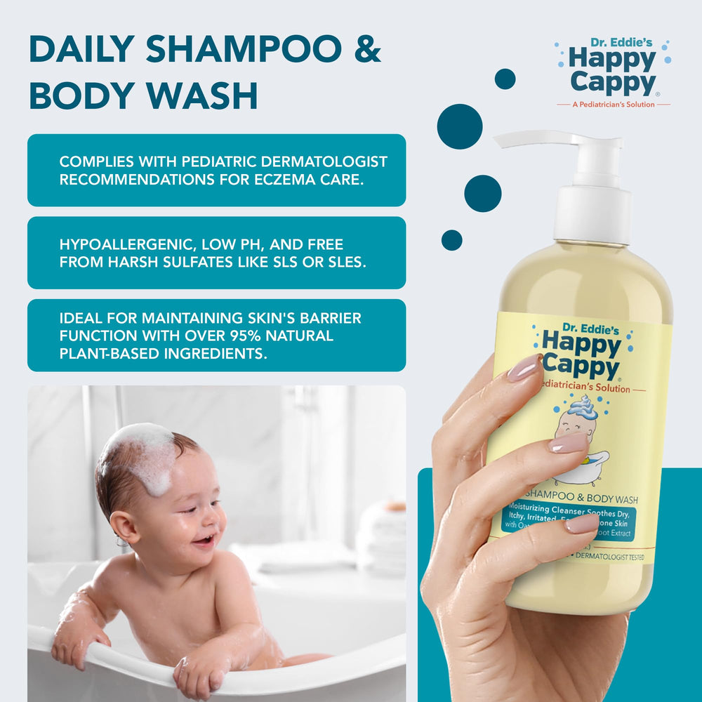Happy Cappy fragrance-free packaging highlights gentle, hypoallergenic skincare for kids.