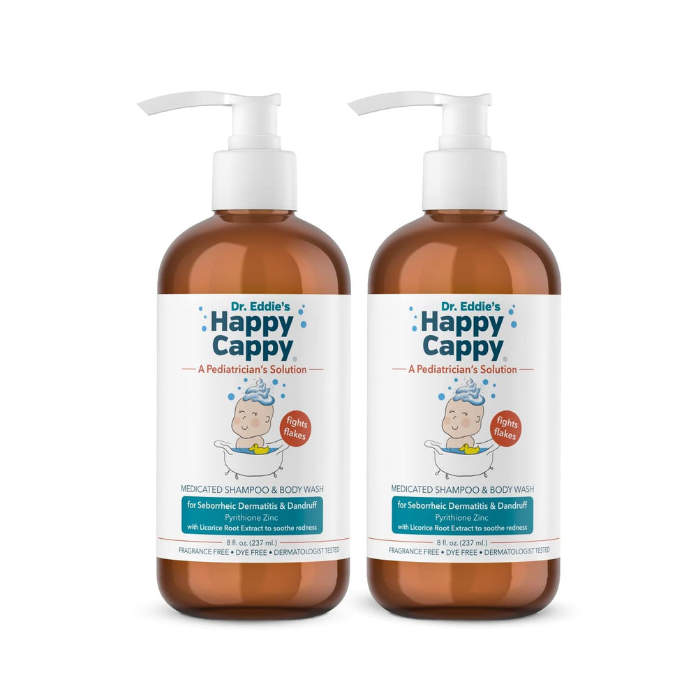 Happy Cappy medicated shampoo bottle front, fragrance-free for sensitive skin.